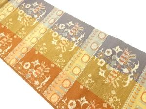 手織り紬横段に花鳥模様織出し名古屋帯